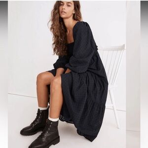 Madewell Lucie Dress. Navy. Long sleeves, square neck, smocked bodice. Women’s L